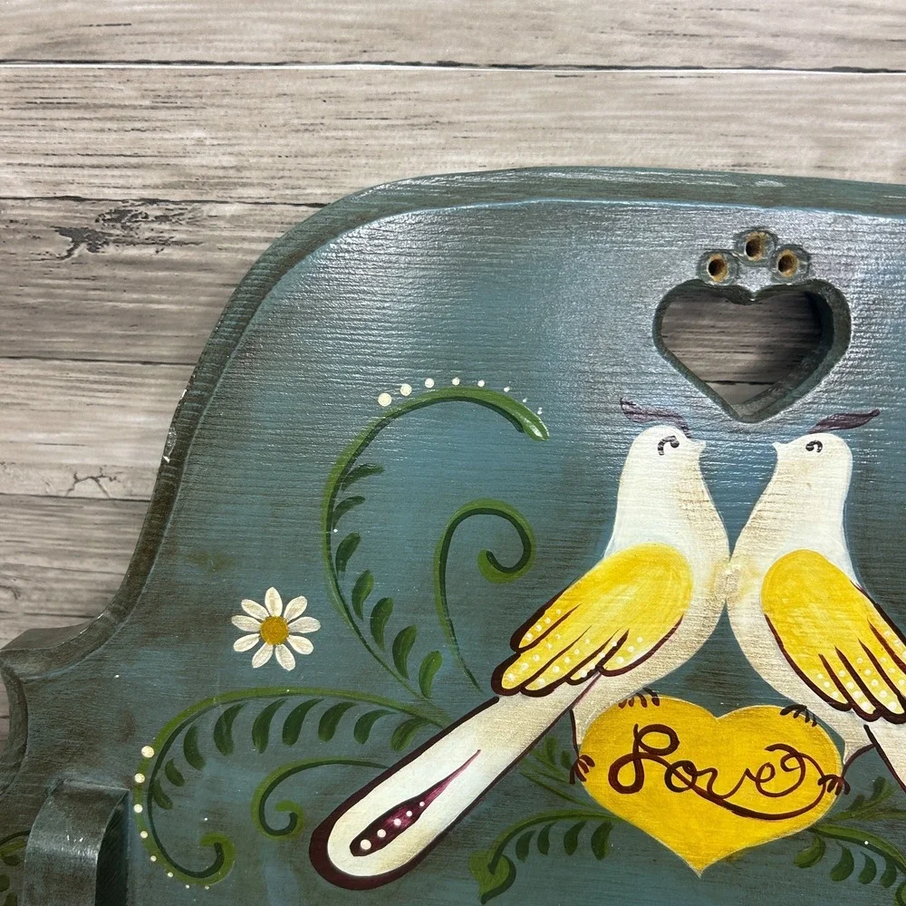 Wood Heart Hand Towel Rack Country Rustic Cottage Love Birds Painted Decor‎ Rack